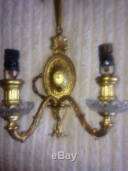 Antique 19th C French Brass Bronze Ribbon Light Wall Sconces With Glass Bobeches