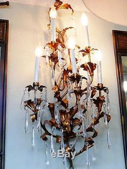Antique 36 Italian Crystal Tole Gold Gilt Wall Sconce Candelabra Electric 5 Arm