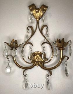 Antique 3 Piece Italian Gilt Gold Tole Wall Sconce Dripping in Crystals Prisms