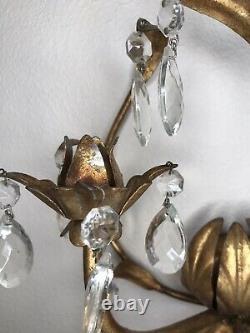 Antique 3 Piece Italian Gilt Gold Tole Wall Sconce Dripping in Crystals Prisms