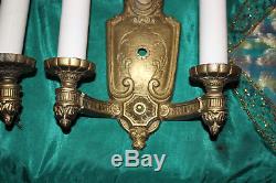 Antique Art Deco Brass Metal Victorian Wall Sconce Light Fixtures-Pair-Portrait