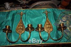 Antique Art Deco Brass Metal Wall Sconce Candle Holders Light Fixtures-Pair