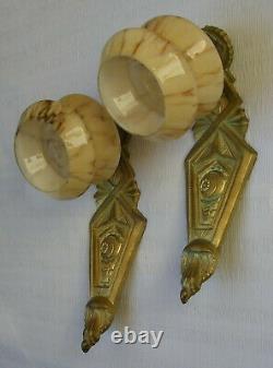 Antique Art Deco Bronze Pair Wall Light Sconce Slag Marbled Vaseline Glass Shade
