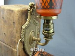 Antique Art Nouveau Gold Painted Spelter Wall Sconce Lights Amber Glass Shades