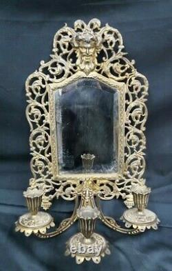 Antique Art Nouveau Ornate Brass Beveled Mirror 3 Candle Wall Sconce
