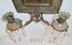 Antique BRASS Over CAST IRON 2-Candle Mirror Wall Sconce with Carved BIRD 1875
