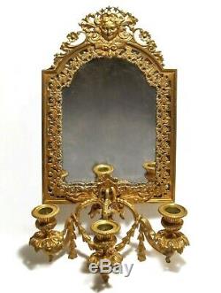 Antique Bradley & Hubbard Ornate Figurative Brass Wall Sconce, 3 Candle Mirror