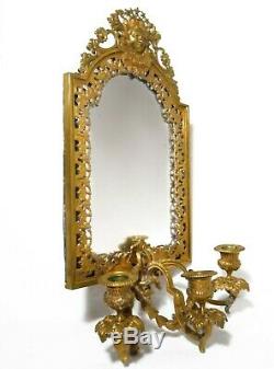 Antique Bradley & Hubbard Ornate Figurative Brass Wall Sconce, 3 Candle Mirror