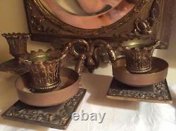 Antique Brass Beveled Glass Mirror Ornate 3 Candle Wall Sconces Matching Pair