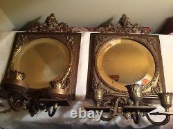 Antique Brass Beveled Glass Mirror Ornate 3 Candle Wall Sconces Matching Pair