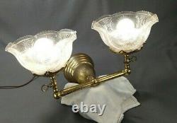 Antique Brass Double Light Wall Sconce EAPG Glass Gas Shades Working Victorian