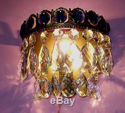 Antique Brass French Art Nouveau Vintage Crystal Pair Sconce Wall Lamp Fixture