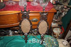 Antique Brass Metal 2 Arm Wall Mounted Candle Holder Sconce WithCenter Mirror-#1