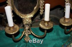 Antique Brass Metal 2 Arm Wall Mounted Sconce Light Fixture WithCenter Mirror-#1