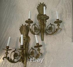 Antique Brass Triple Arm Wall Sconce Set Of Two Ornate Light Gilt Art Deco