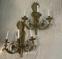 Antique Brass Triple Arm Wall Sconce Set Of Two Ornate Light Gilt Art Deco