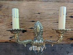 Antique Brass Wall Sconces from Europe. One Pair. Rewired. New Candle Covers