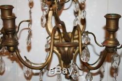 Antique Candle Sconces Gold Finish Glass Prisms Chic Large Wall Mount