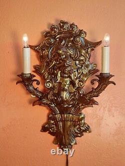 Antique Cast Brass Cherub Angels 2 Lights Wall Sconce