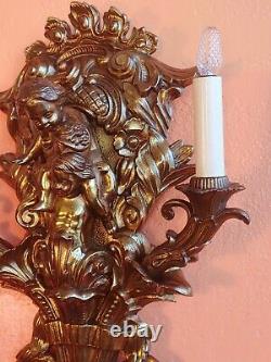 Antique Cast Brass Cherub Angels 2 Lights Wall Sconce