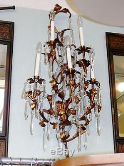 Antique Crystal Tole Toleware Italian Gild Gold Wall Sconce 5 Lights Arm 36x18