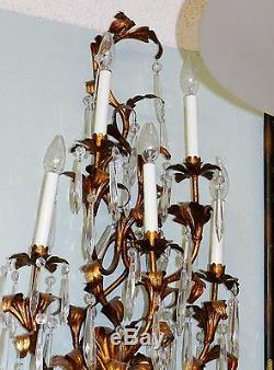 Antique Crystal Tole Toleware Italian Gild Gold Wall Sconce 5 Lights Arm 36x18
