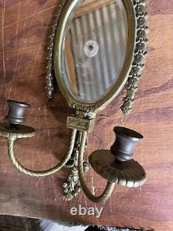 Antique Double Candle Oval Mirror Empire Wall Sconce Brass Flame Top