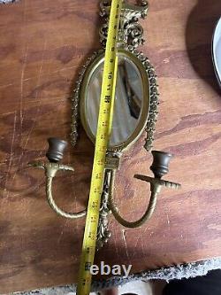 Antique Double Candle Oval Mirror Empire Wall Sconce Brass Flame Top