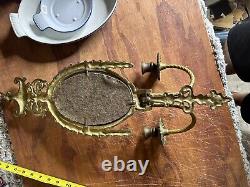 Antique Double Candle Oval Mirror Empire Wall Sconce Brass Flame Top