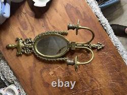 Antique Double Candle Oval Mirror Empire Wall Sconce Brass Flame Top