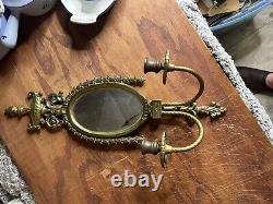 Antique Double Candle Oval Mirror Empire Wall Sconce Brass Flame Top