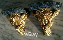 Antique Early 20thC Plaster Cherub Wall Sconces Shelves Faux Marbled Gold Leaf