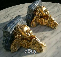 Antique Early 20thC Plaster Cherub Wall Sconces Shelves Faux Marbled Gold Leaf