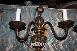 Antique English Victorian 2 Arm 2 Light Wall Sconce Light Fixtures-Pair-Brass