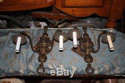 Antique English Victorian 2 Arm 2 Light Wall Sconce Light Fixtures-Pair-Brass