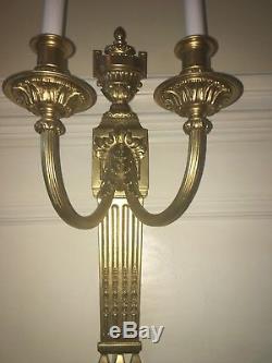 Antique Federal French Empire Neoclassical Extra Large Pair Gold Wall Sconces