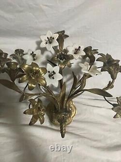 Antique French 19th Century Gilt-Brass Wall Sconces With Milk Glass Flowers