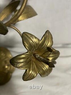 Antique French 19th Century Gilt-Brass Wall Sconces With Milk Glass Flowers