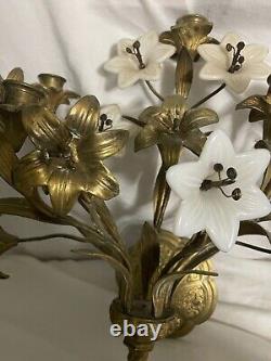 Antique French 19th Century Gilt-Brass Wall Sconces With Milk Glass Flowers