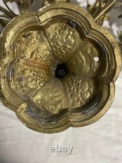 Antique French 19th Century Gilt-Brass Wall Sconces With Milk Glass Flowers