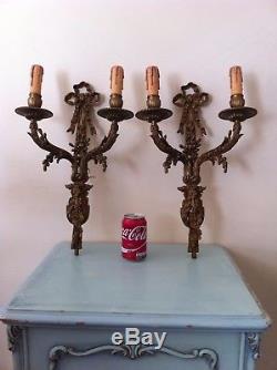 Antique French Bronze Sconces Wall Lights Leaves & Grapes Large 19 Inches