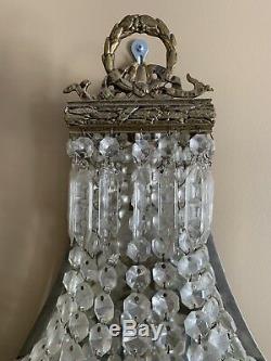 Antique French Crystal Beaded Basket Chandelier Wall Sconce Lamp