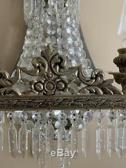 Antique French Crystal Beaded Basket Chandelier Wall Sconce Lamp