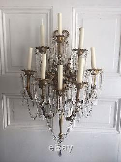 Antique French Empire Crystal Prism Pair Bronze 8 Light Wall Sconces Chandelier
