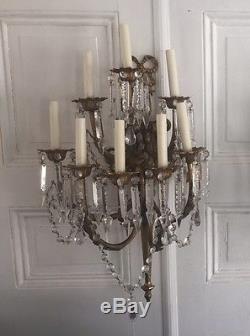 Antique French Empire Crystal Prism Pair Bronze 8 Light Wall Sconces Chandelier