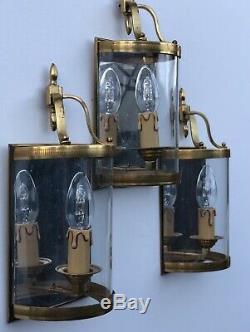 Antique French Gilded Convex Set Of Three Wall Lanterns Sconces Lights