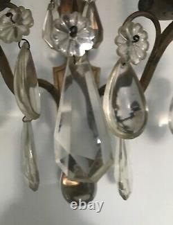 Antique French Original Crystals 2 Arm Candle Sconce Electric Wall Light