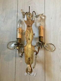 Antique French Original Crystals 2 Arm Candle Sconce Electric Wall Light