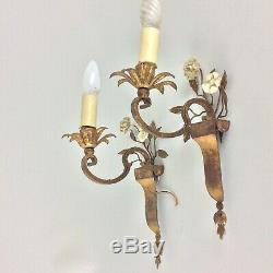Antique French Pair Two Bagues Porcelain Flowers Gilt Wall Lighting Sconces Lamp