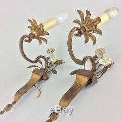 Antique French Pair Two Bagues Porcelain Flowers Gilt Wall Lighting Sconces Lamp